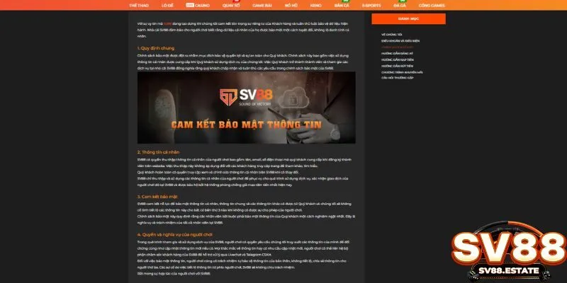 Chi tiết về chính sách bảo mật thông tin của SV88