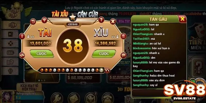 Giao diện chơi tài xỉu SV88 cực tiện ích